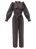 Sea - Stan Ruffled Sandwashed-twill Jumpsuit - Womens - Dark Grey