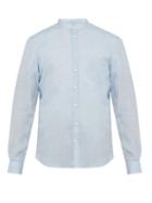 Matchesfashion.com Thom Sweeney - Band Collar Shot Slubbed Linen Poplin Shirt - Mens - Blue