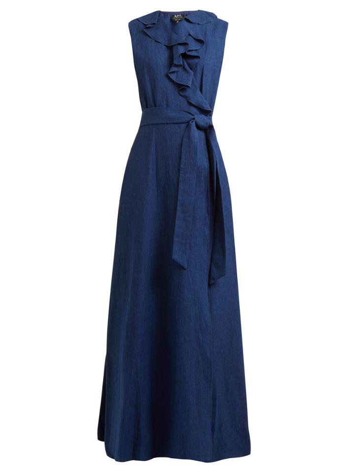 A.p.c. Ruffle-trimmed Cotton And Linen-blend Wrap Dress