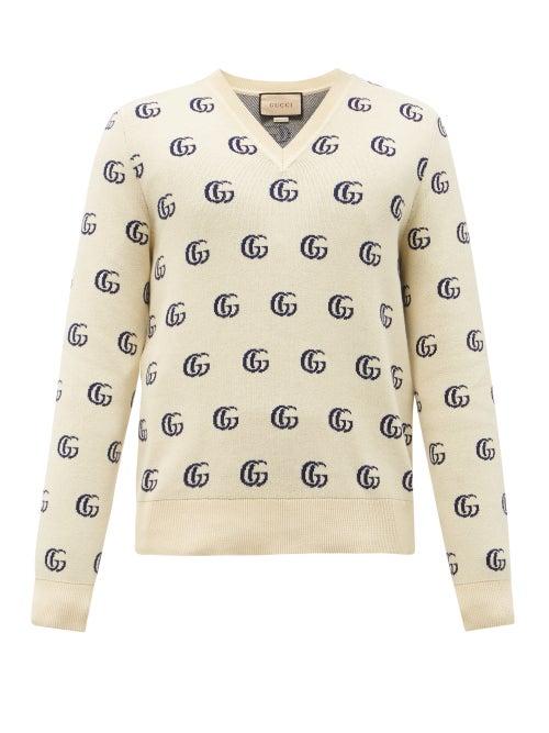 Mens Rtw Gucci - V-neck Gg-jacquard Cotton Sweater - Mens - White