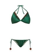 Matchesfashion.com Adriana Degreas X Cult Gaia - Bobbled Pleated Triangle Bikini - Womens - Green