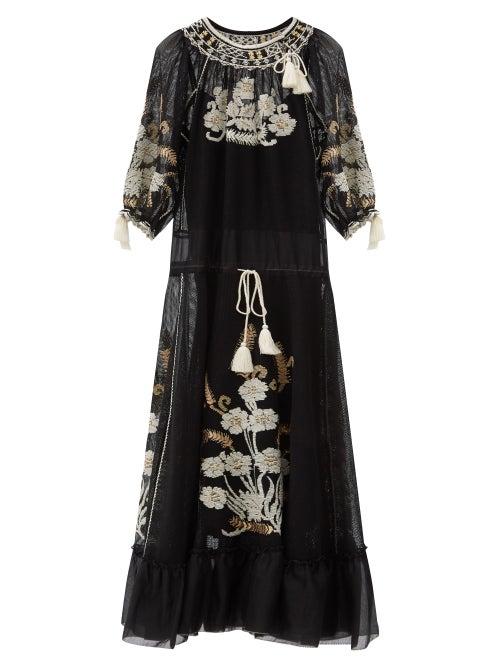 Matchesfashion.com Redvalentino - Floral-embroidered Gauze Maxi Dress - Womens - Black
