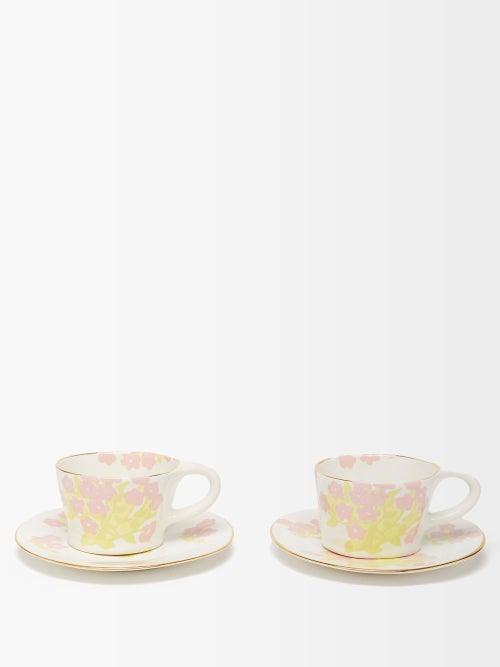 Bernadette - Set Of Two Romantic Stoneware Cups And Saucers - Womens - Multi