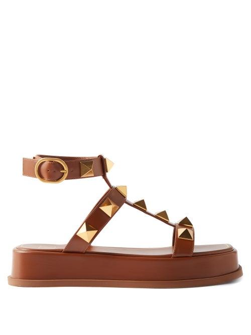 Valentino Garavani - Roman Stud Leather Flatform Sandals - Womens - Brown