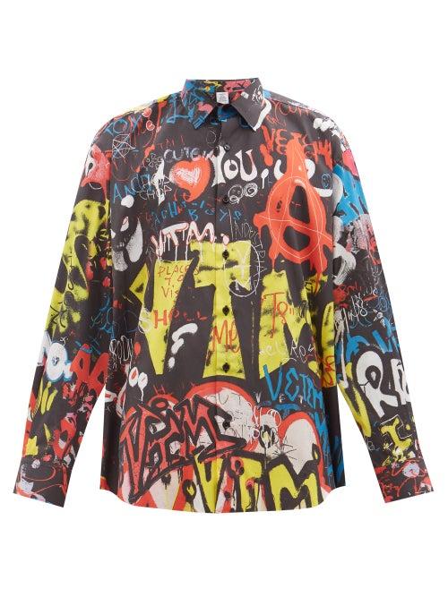 Vetements - Graffiti-print Cotton-poplin Shirt - Mens - Black Multi