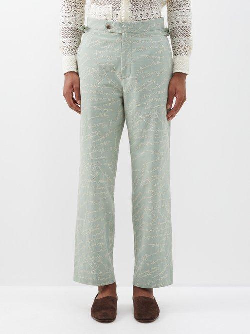 Bode - Signature-embroidered Cotton-blend Trousers - Mens - Blue