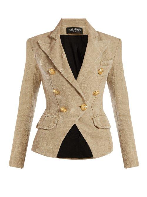 Matchesfashion.com Balmain - Distressed Double Breasted Canvas Blazer - Womens - Beige