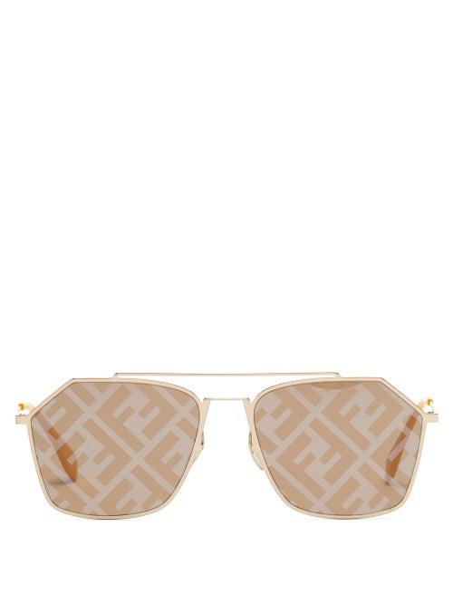 Matchesfashion.com Fendi - Ff-monogram Stainless-steel Aviator Sunglasses - Mens - Gold
