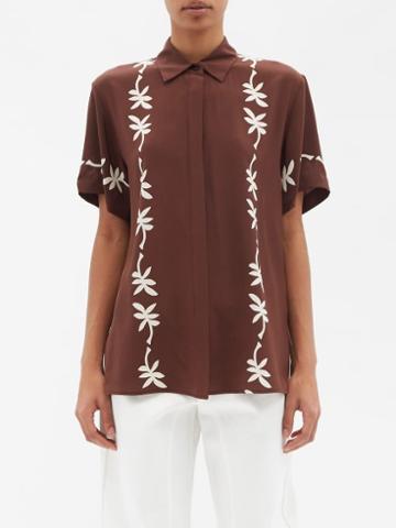 Matteau - Cocos Floral-print Silk-crepe Shirt - Womens - Brown Print