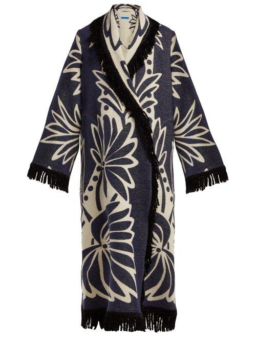 Matchesfashion.com Marit Ilison - Palm Intarsia Fringed Cotton Coat - Womens - Navy White