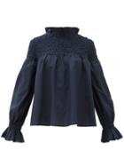 Matchesfashion.com Merlette - Majorelle Smocked Cotton Blouse - Womens - Navy