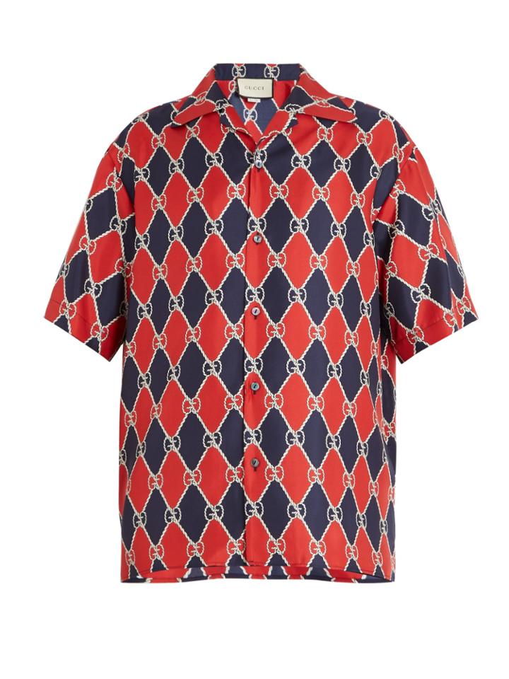 Gucci Gg And Diamond-print Silk Bowling Shirt