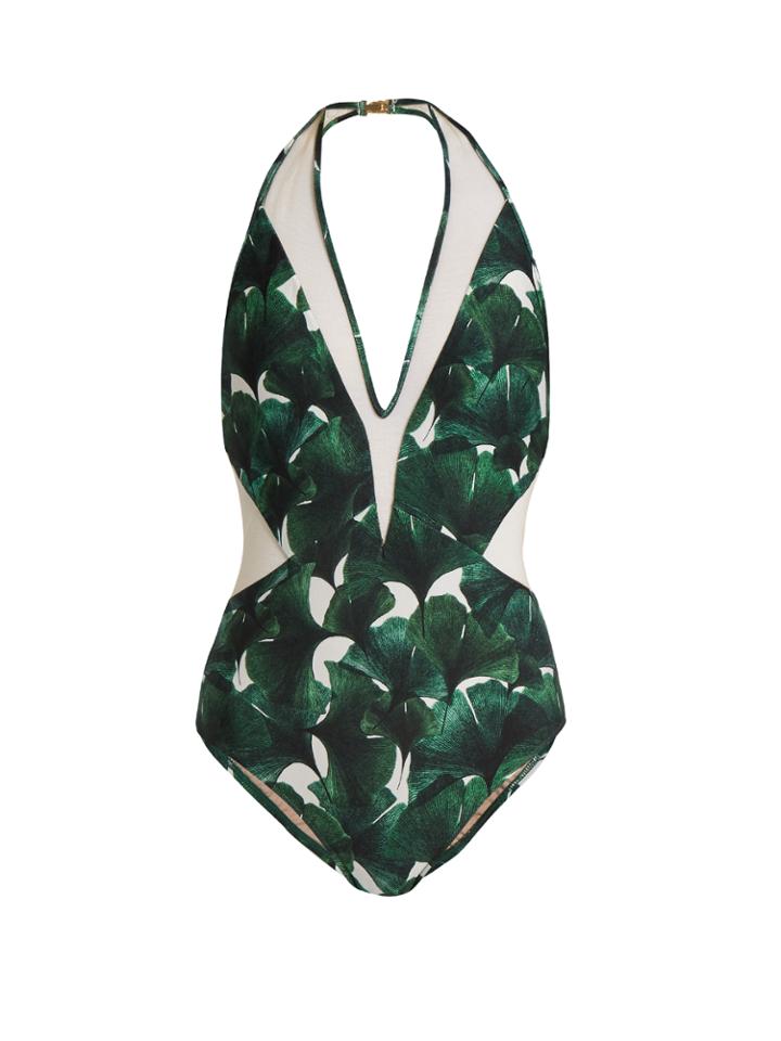 Adriana Degreas Ginkgo-print Tulle-insert Halterneck Swimsuit