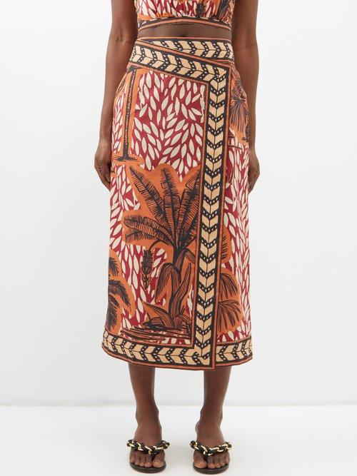 Johanna Ortiz - Wild Path Printed-linen Wrap Skirt - Womens - Red Print