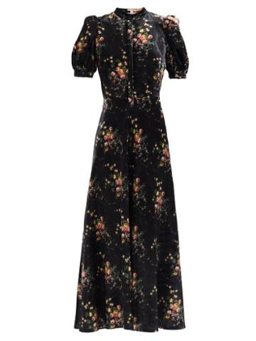 Brock Collection - Tracy Puff-sleeve Floral-print Velvet Dress - Womens - Black Multi