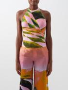 Louisa Ballou - Endgame-print Halterneck Stretch-jersey Top - Womens - Pink Green