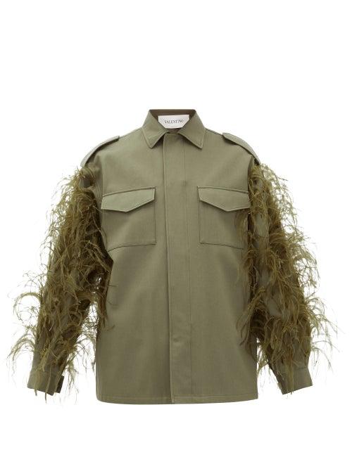 Matchesfashion.com Valentino - Feathered Cotton-gabardine Utility Jacket - Womens - Dark Green