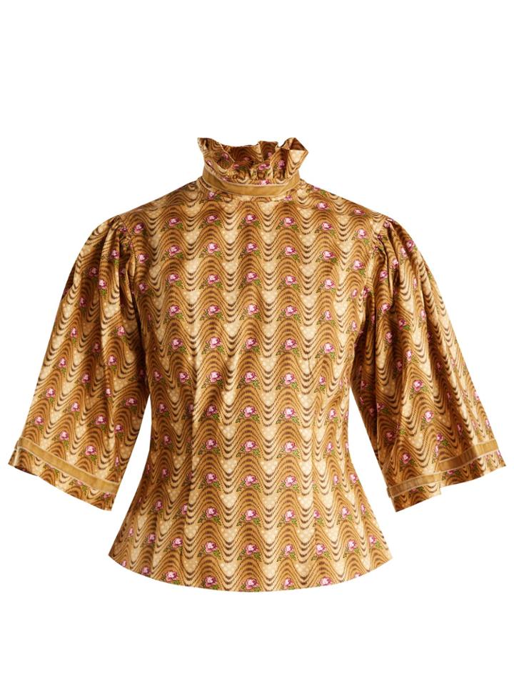 Batsheva Wave-print Ruffled Cotton Blouse