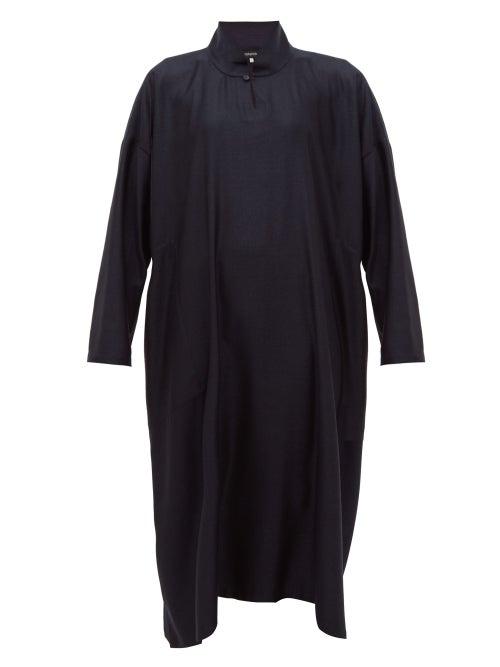 Matchesfashion.com Eskandar - Band Collar Wool Blend Jacquard Midi Dress - Womens - Navy