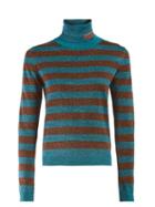 Matchesfashion.com Prada - Logo Intarsia Knit Metallic Striped Sweater - Womens - Blue Multi