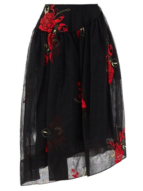 Matchesfashion.com Simone Rocha - Asymmetric Floral-embroidered Tulle Skirt - Womens - Black Print