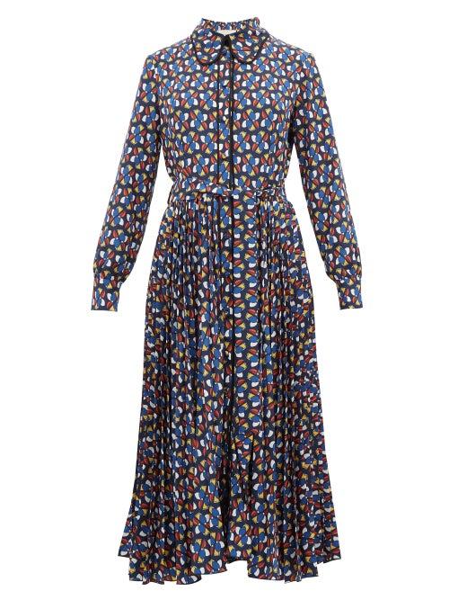 Matchesfashion.com La Doublej - Pinwheel Print Pleated Skirt Shirtdress - Womens - Blue Print