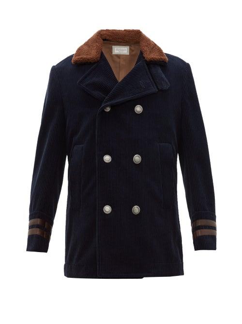 Matchesfashion.com Brunello Cucinelli - Double Breasted Shearling & Corduroy Peacoat - Mens - Navy