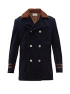 Matchesfashion.com Brunello Cucinelli - Double Breasted Shearling & Corduroy Peacoat - Mens - Navy
