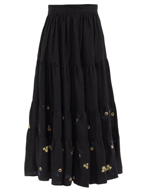 Ladies Rtw Lug Von Siga - Daphne Floral-embroidered Tiered Linen Skirt - Womens - Black
