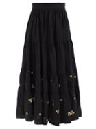 Ladies Rtw Lug Von Siga - Daphne Floral-embroidered Tiered Linen Skirt - Womens - Black