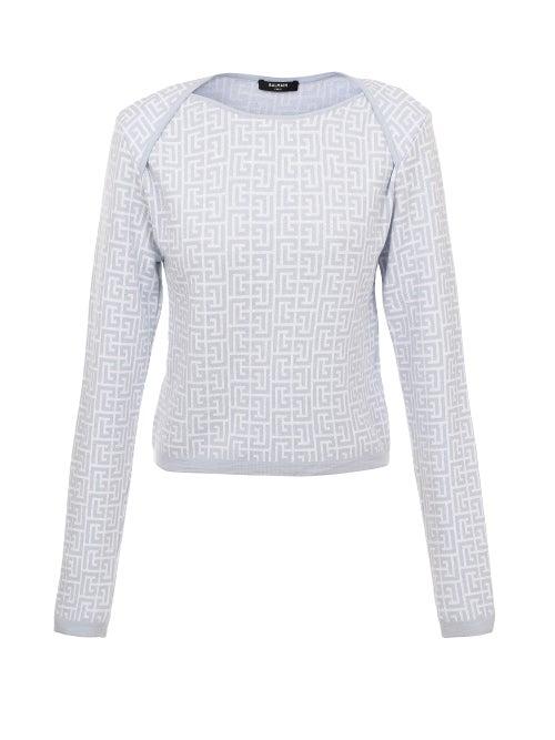 Balmain - Monogram-jacquard Sweatshirt - Womens - Blue