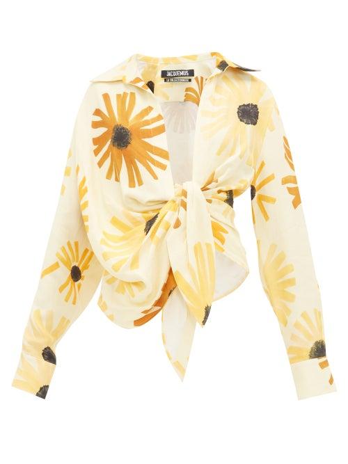 Matchesfashion.com Jacquemus - Bahia Sunflower Print Knotted Linen Shirt - Womens - Yellow Multi