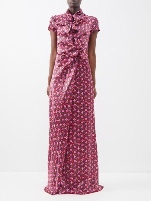 Saloni - Kelly Floral-print Bow-embellished Silk Maxi Dress - Womens - Red Multi