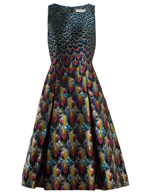Matchesfashion.com Mary Katrantzou - Talon Feather Jacquard Midi Dress - Womens - Blue Multi