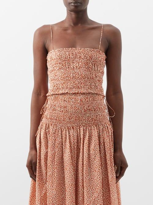 Matteau - Floral-print Shirred Organic-cotton Top - Womens - Orange Print