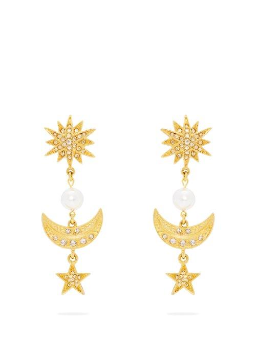 Matchesfashion.com Oscar De La Renta - Moon And Stars Drop Clip On Earrings - Womens - Gold