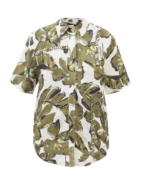 Aje - Oasis Floral-print Braided Linen Shirt - Womens - Green Print
