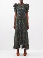 Ulla Johnson - Marte Puff-sleeve Botanical-print Silk Dress - Womens - Dark Green