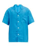 Matchesfashion.com Emma Willis - Curved-collar Short-sleeved Linen Shirt - Mens - Light Blue