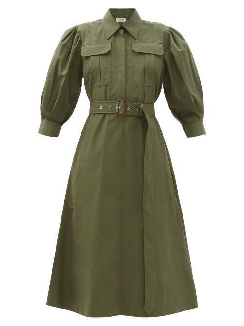 Ladies Rtw Alexander Mcqueen - Balloon-sleeve Cotton-poplin Midi Shirt Dress - Womens - Khaki