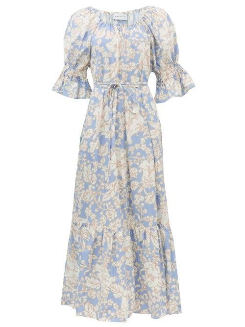 Matchesfashion.com Ephemera - Malibu Waist-tie Floral-print Cotton Maxi Dress - Womens - Blue Print