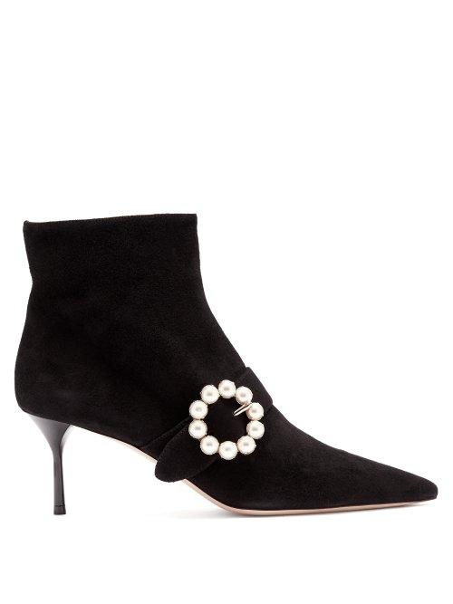 Matchesfashion.com Miu Miu - Faux Pearl Buckle Suede Boots - Womens - Black