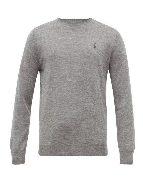 Matchesfashion.com Polo Ralph Lauren - Logo Embroidered Merino Wool Sweater - Mens - Grey