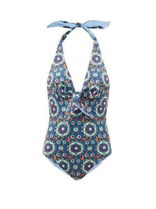 Matchesfashion.com La Doublej - Halterneck Hero-print Swimsuit - Womens - Blue Multi