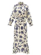 Matchesfashion.com Johanna Ortiz - Sacred Writing Floral-print Silk Midi Dress - Womens - Blue White