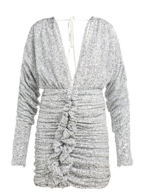 Matchesfashion.com Attico - Ruched Silver Sequinned Mini Dress - Womens - Silver