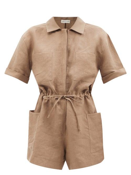 Casa Raki - Juana Drawstring Linen Playsuit - Womens - Brown