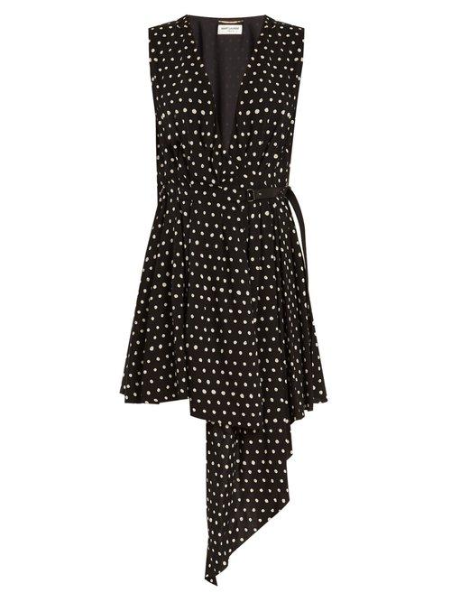 Matchesfashion.com Saint Laurent - Tie Neck Polka Dot Print Dress - Womens - Black White
