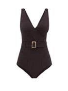 Matchesfashion.com Lisa Marie Fernandez - Yasmin Belted Seersucker Swimsuit - Womens - Black