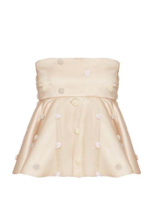 Natasha Zinko Embroidered Pompom Strapless Peplum Top